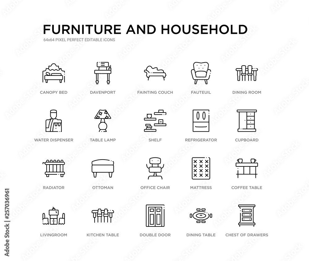 set of 20 line icons such as office chair, ottoman, radiator, refrigerator, shelf, table lamp, water dispenser, fauteuil, fainting couch, davenport. furniture and household outline thin icons
