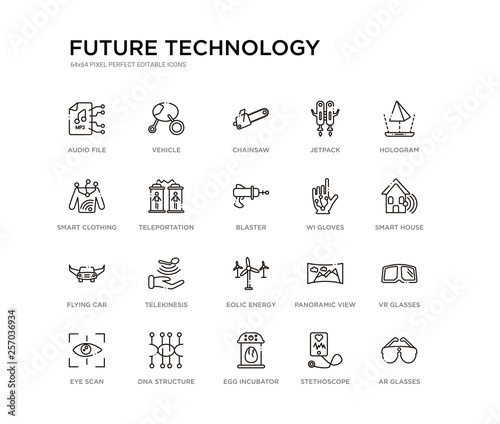 set of 20 line icons such as eolic energy, telekinesis, flying car, wi gloves, blaster, teleportation, smart clothing, jetpack, chainsaw, vehicle. future technology outline thin icons collection.