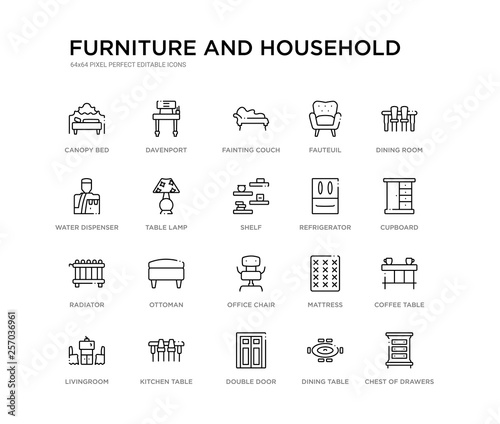 set of 20 line icons such as office chair, ottoman, radiator, refrigerator, shelf, table lamp, water dispenser, fauteuil, fainting couch, davenport. furniture and household outline thin icons