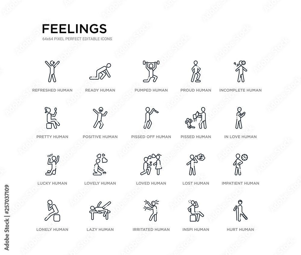 set of 20 line icons such as loved human, lovely human, lucky human, pissed pissed off positive pretty proud pumped ready feelings outline thin icons collection. editable 64x64 stroke