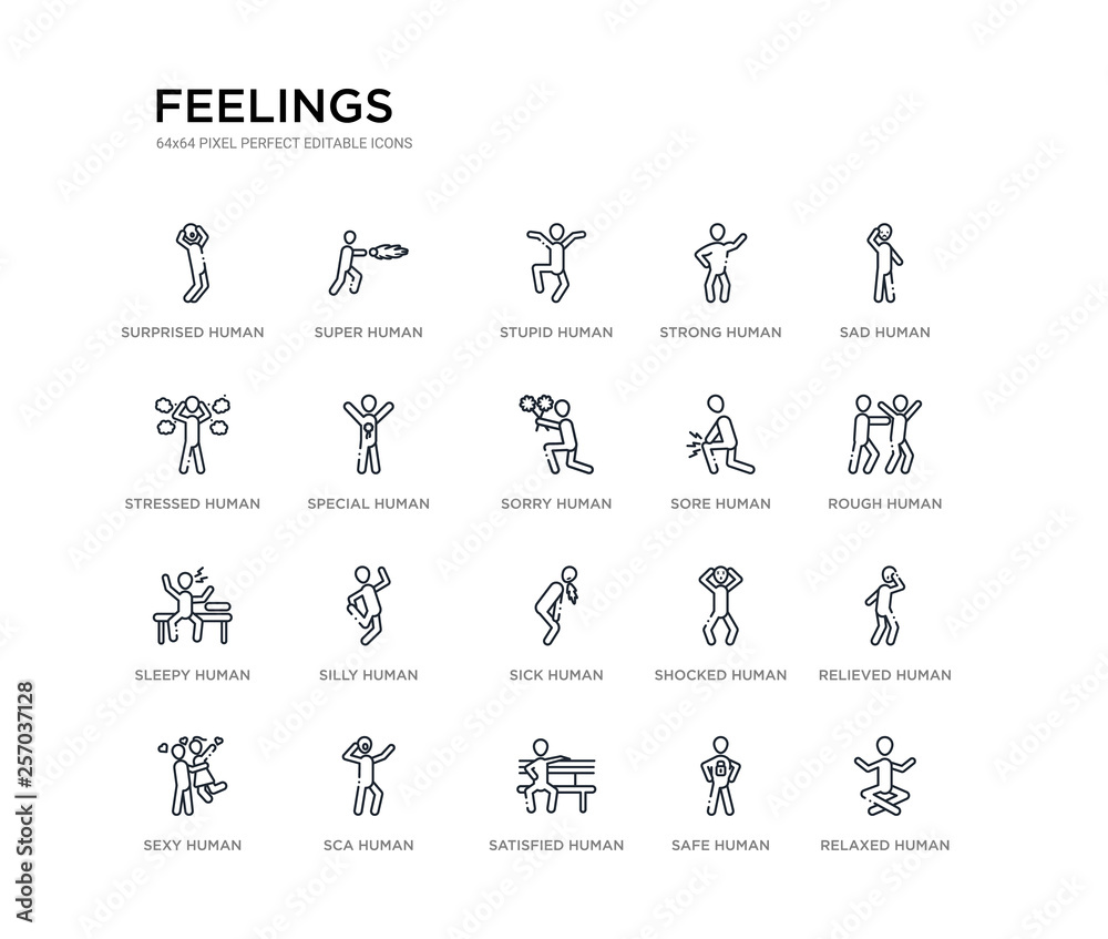 set of 20 line icons such as sick human, silly human, sleepy human, sore sorry special stressed strong stupid super feelings outline thin icons collection. editable 64x64 stroke