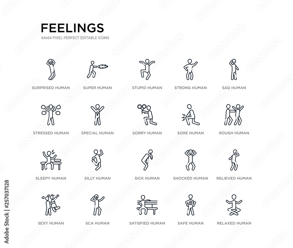 set of 20 line icons such as sick human, silly human, sleepy human, sore sorry special stressed strong stupid super feelings outline thin icons collection. editable 64x64 stroke set of 20 line icons such as sick human, silly human, sleepy human, sore sorry special stressed strong stupid super feelings outline thin icons collection. editable 64x64 stroke