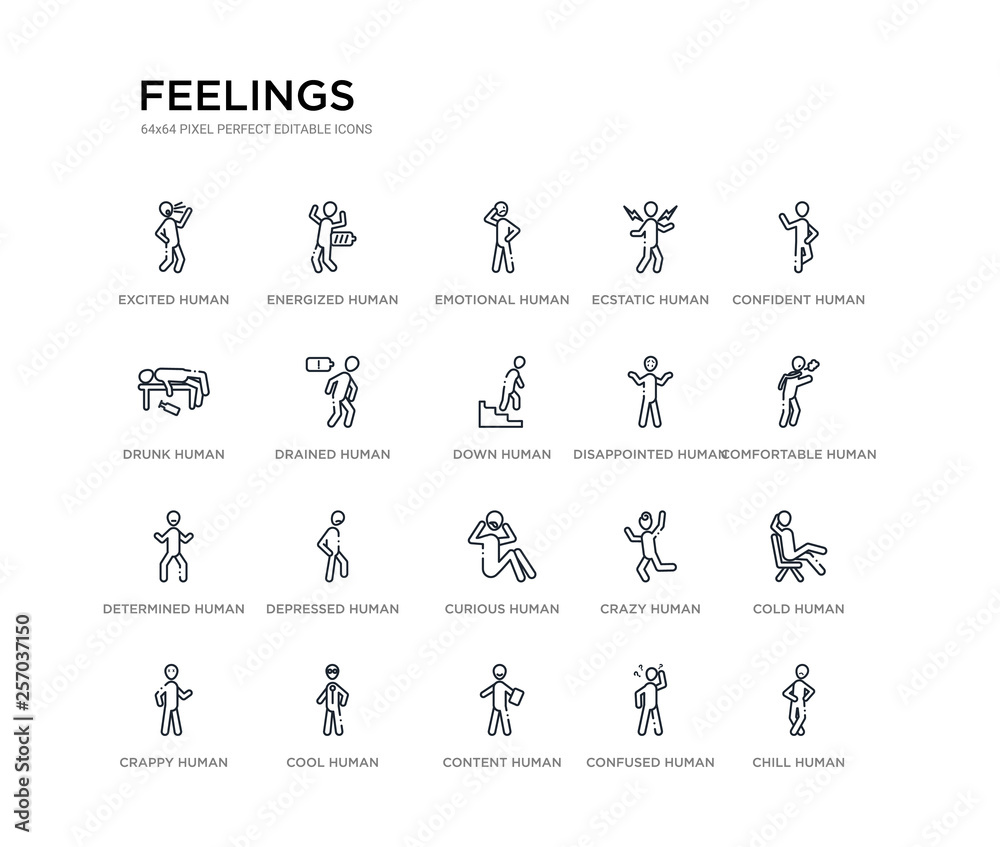 set of 20 line icons such as curious human, depressed human, determined human, disappointed down drained drunk ecstatic emotional energized feelings outline thin icons collection. editable 64x64