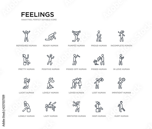 set of 20 line icons such as loved human, lovely human, lucky human, pissed pissed off positive pretty proud pumped ready feelings outline thin icons collection. editable 64x64 stroke