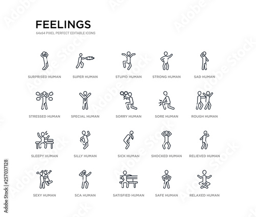 set of 20 line icons such as sick human, silly human, sleepy human, sore sorry special stressed strong stupid super feelings outline thin icons collection. editable 64x64 stroke