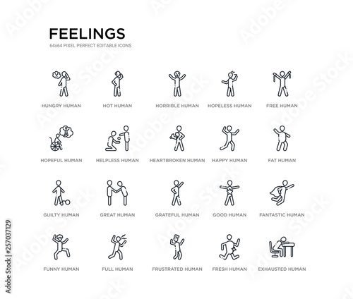 set of 20 line icons such as grateful human, great human, guilty human, happy heartbroken helpless hopeful hopeless horrible hot feelings outline thin icons collection. editable 64x64 stroke