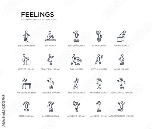 set of 20 line icons such as anxious human  terrible human  awesome human  awful bad beautiful better blah blessed bo feelings outline thin icons collection. editable 64x64 stroke