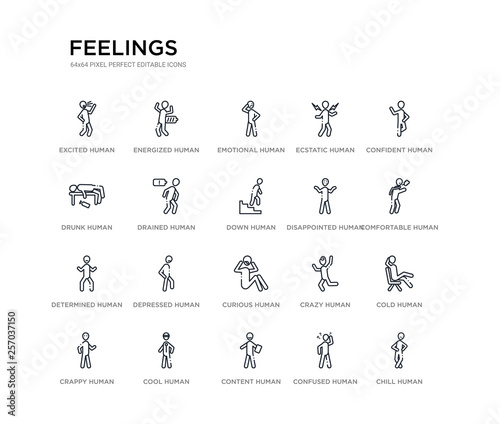 set of 20 line icons such as curious human, depressed human, determined human, disappointed down drained drunk ecstatic emotional energized feelings outline thin icons collection. editable 64x64