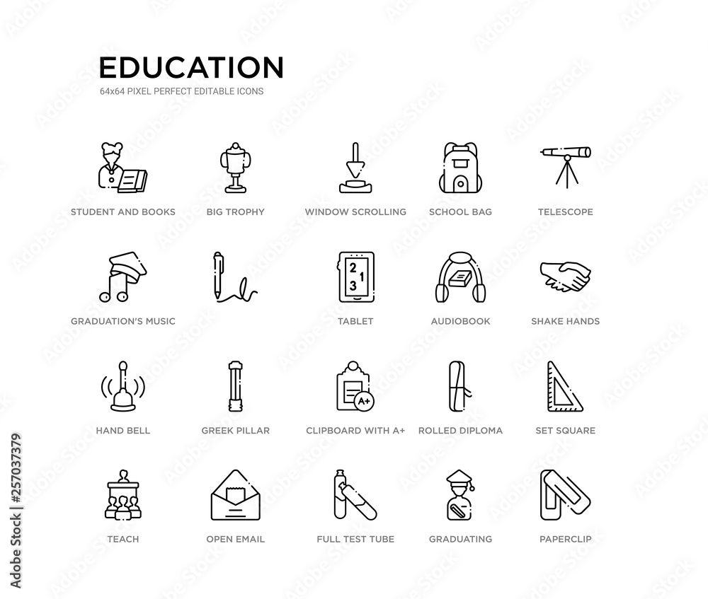 set of 20 line icons such as clipboard with a+, greek pillar, hand bell, audiobook, tablet,  , graduation's music, school bag, window scrolling medium, big trophy. education outline thin icons