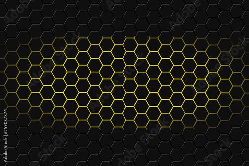 Abstract 3d rendering of futuristic surface with hexagons. Dark yellowsci-fi background.