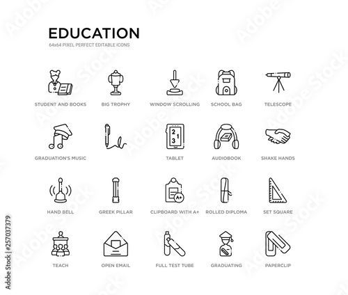 set of 20 line icons such as clipboard with a+, greek pillar, hand bell, audiobook, tablet, , graduation's music, school bag, window scrolling medium, big trophy. education outline thin icons