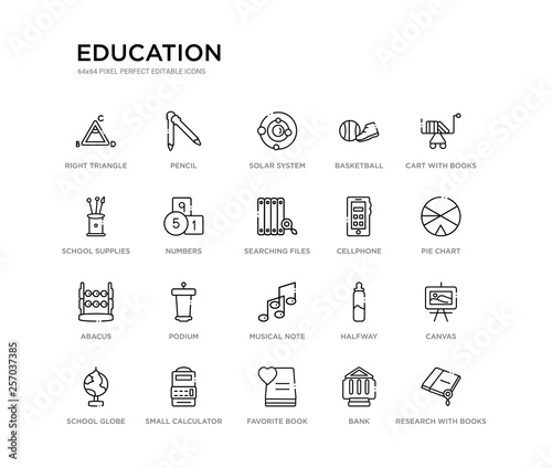 set of 20 line icons such as musical note, podium, abacus, cellphone, searching files, numbers, school supplies, basketball, solar system, pencil. education outline thin icons collection. editable
