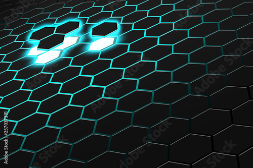 Abstract 3d rendering of futuristic surface with hexagons. Dark green sci-fi background.
