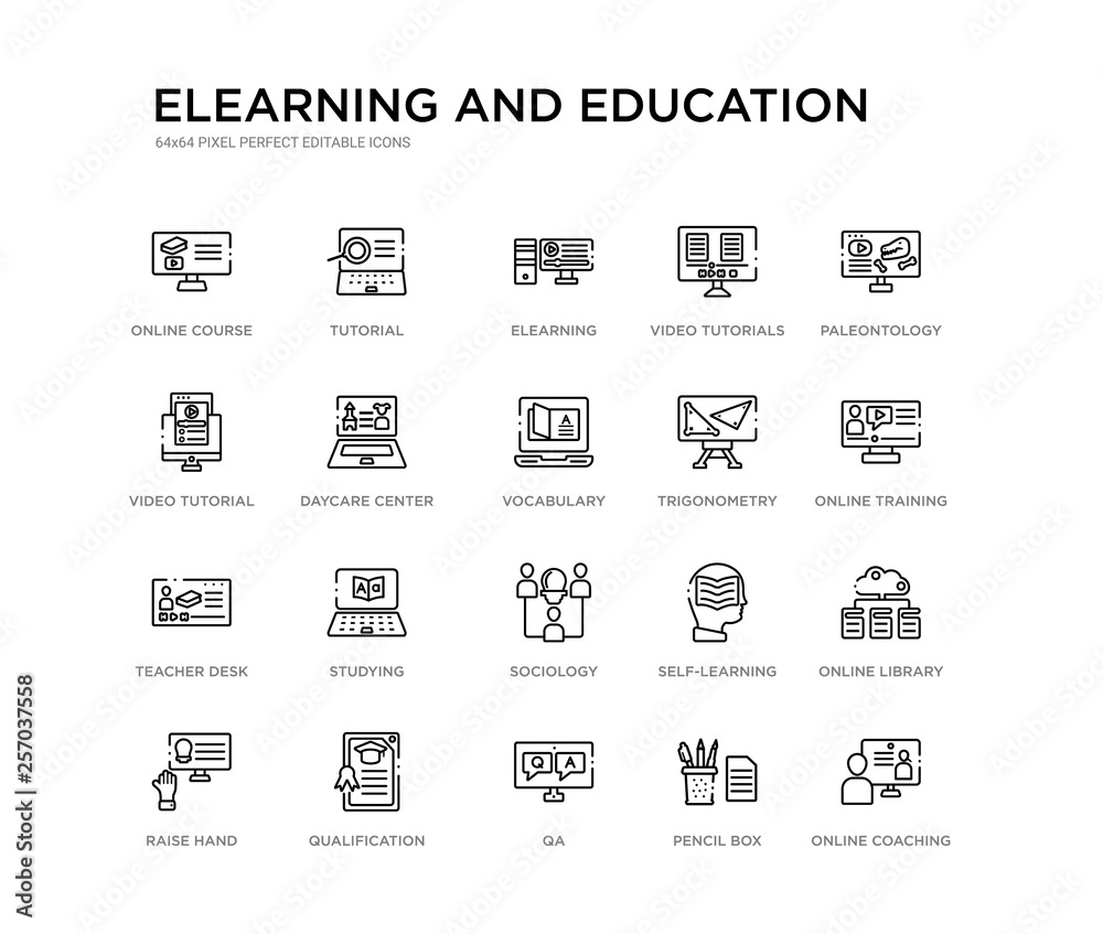 set of 20 line icons such as sociology, studying, teacher desk, trigonometry, vocabulary, daycare center, video tutorial, video tutorials, elearning, tutorial. elearning and education outline thin