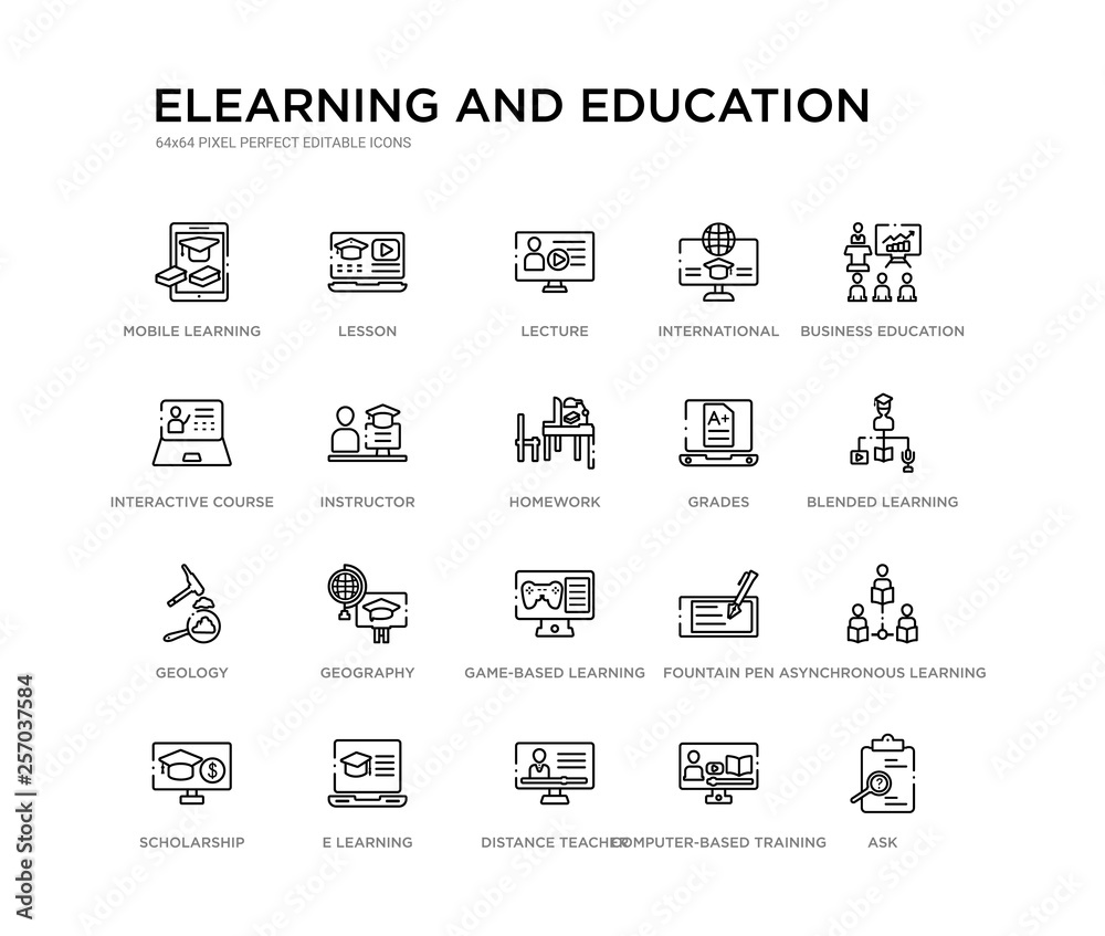 set of 20 line icons such as game-based learning, geography, geology, grades, homework, instructor, interactive course, international, lecture, lesson. elearning and education outline thin icons