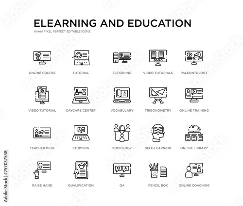 set of 20 line icons such as sociology, studying, teacher desk, trigonometry, vocabulary, daycare center, video tutorial, video tutorials, elearning, tutorial. elearning and education outline thin