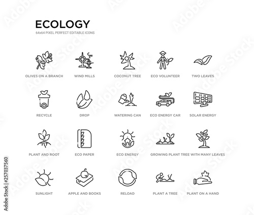 set of 20 line icons such as eco energy, eco paper, plant and root, eco energy car, watering can, drop, recycle, volunteer, coconut tree, wind mills. ecology outline thin icons collection. editable