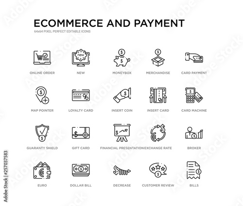 set of 20 line icons such as financial presentation, gift card, guaranty shield, insert card, insert coin, loyalty card, map pointer, merchandise, moneybox, new. ecommerce and payment outline thin