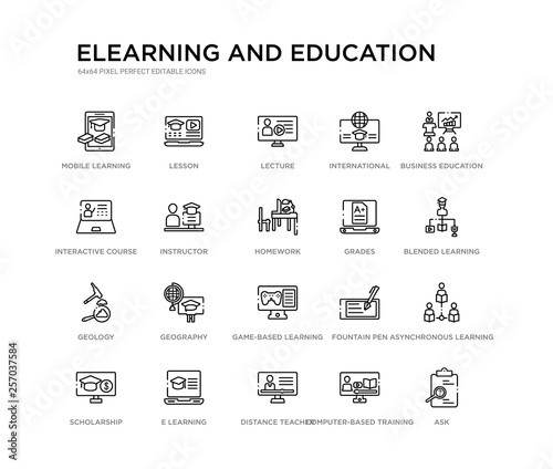 set of 20 line icons such as game-based learning, geography, geology, grades, homework, instructor, interactive course, international, lecture, lesson. elearning and education outline thin icons