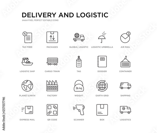 set of 20 line icons such as weight, factory, planet earth, dossier, tag, cargo train, logistic ship, logistic umbrella, global logistic, packages. delivery and outline thin icons collection.