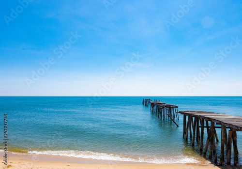 Sea view  blue sky  old wooden bridge  beautiful summer