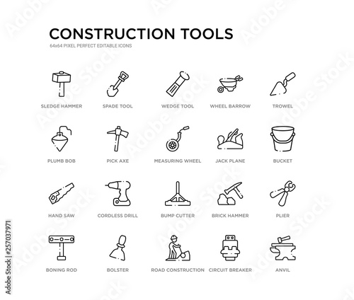 set of 20 line icons such as bump cutter, cordless drill, hand saw, jack plane, measuring wheel, pick axe, plumb bob, wheel barrow, wedge tool, spade tool. construction tools outline thin icons