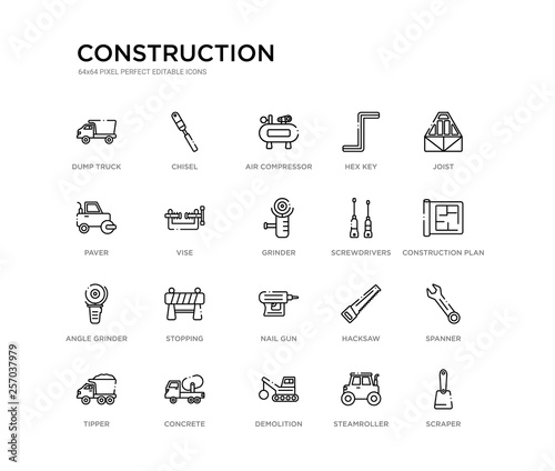 set of 20 line icons such as nail gun, stopping, angle grinder, screwdrivers, grinder, vise, paver, hex key, air compressor, chisel. construction outline thin icons collection. editable 64x64 stroke