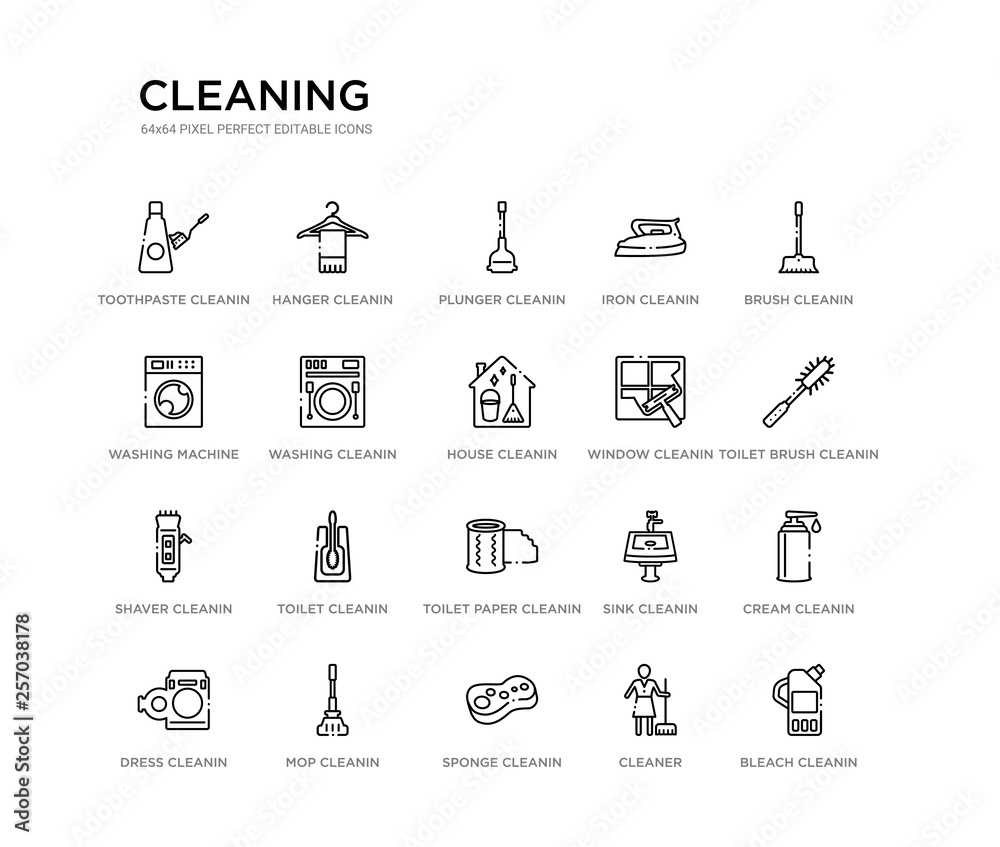 set of 20 line icons such as toilet paper cleanin, toilet cleanin, shaver cleanin, window house washing washing machine iron plunger hanger cleaning outline thin icons collection. editable 64x64 set of 20 line icons such as toilet paper cleanin, toilet cleanin, shaver cleanin, window house washing washing machine iron plunger hanger cleaning outline thin icons collection. editable 64x64