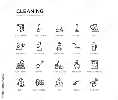 set of 20 line icons such as floor cleaner  duster  clean dishes  vacuum  clean cars  detergent  toothpaste  plunger  dustpan  clean clothes. cleaning outline thin icons collection. editable 64x64