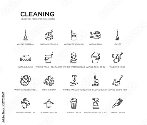set of 20 line icons such as wiping vacuum tool, wiping soap, wiping sponge tool, tray tool, woman head, trash container, brush, iron, trash can, utensils of bathroom. cleaning outline thin icons