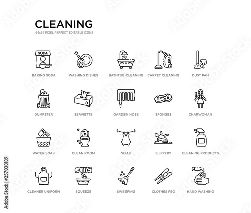 set of 20 line icons such as soak, clean room, water soak, sponges, garden hose, serviette, dumpster, carpet cleaning, bathtub cleaning, washing dishes. cleaning outline thin icons collection.