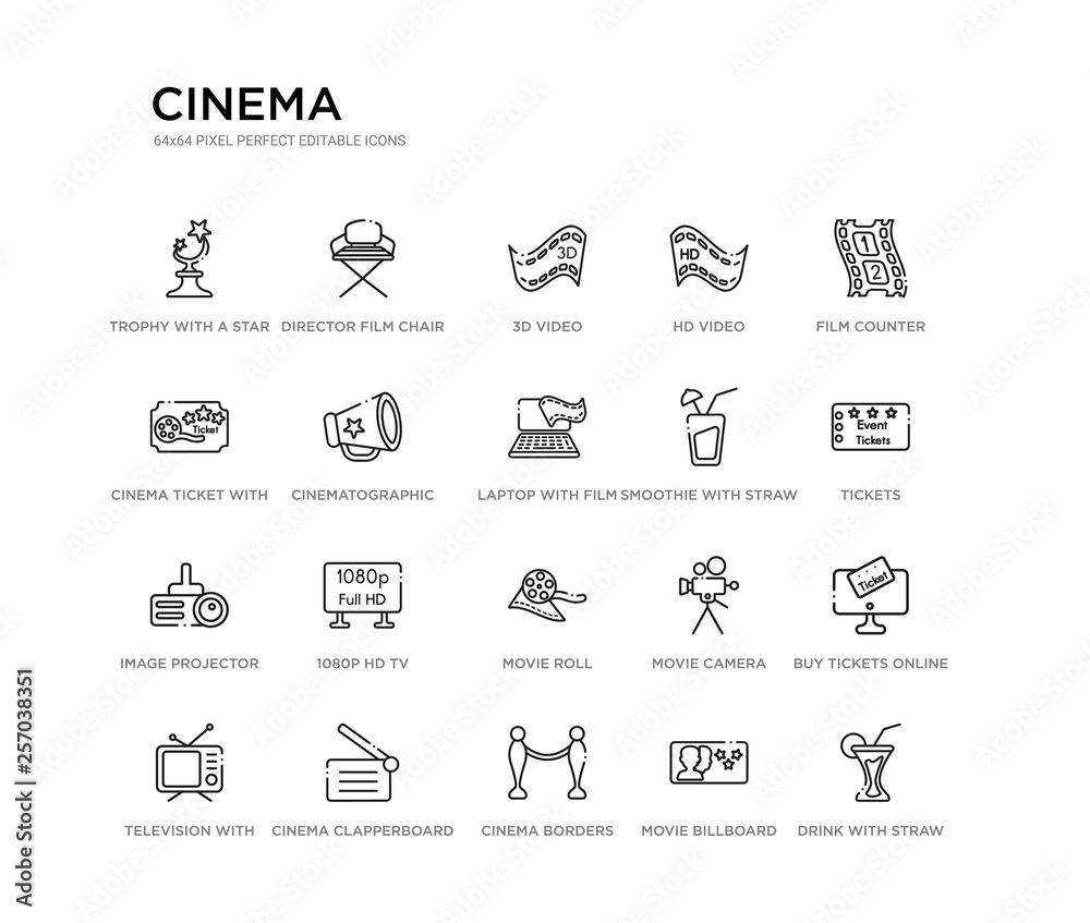 set of 20 line icons such as movie roll, 1080p hd tv, image projector, smoothie with straw, laptop with film strip, cinematographic announcer, cinema ticket with a star, hd video, 3d video, director set of 20 line icons such as movie roll, 1080p hd tv, image projector, smoothie with straw, laptop with film strip, cinematographic announcer, cinema ticket with a star, hd video, 3d video, director