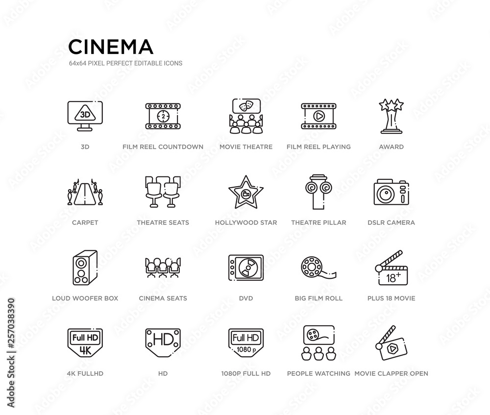 set of 20 line icons such as dvd, cinema seats, loud woofer box, theatre pillar, hollywood star, theatre seats, carpet, film reel playing, movie theatre, film reel countdown number 2. cinema outline