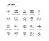 set of 20 line icons such as dvd, cinema seats, loud woofer box, theatre pillar, hollywood star, theatre seats, carpet, film reel playing, movie theatre, film reel countdown number 2. cinema outline
