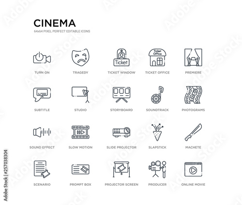 set of 20 line icons such as slide projector, slow motion, sound effect, soundtrack, storyboard, studio, subtitle, ticket office, ticket window, tragedy. cinema outline thin icons collection.
