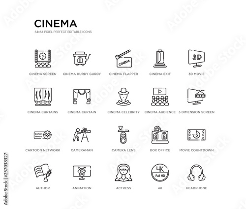 set of 20 line icons such as camera lens, cameraman, cartoon network, cinema audience, cinema celebrity, cinema curtain, curtains, exit, flapper, hurdy gurdy. outline thin icons collection. editable photo