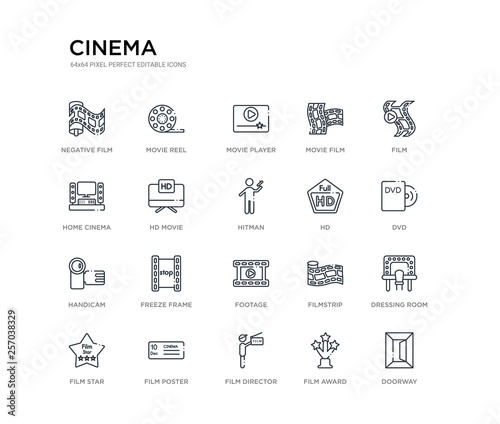 set of 20 line icons such as footage, freeze frame, handicam, hd, hitman, hd movie, home cinema, movie film, movie player, reel. cinema outline thin icons collection. editable 64x64 stroke