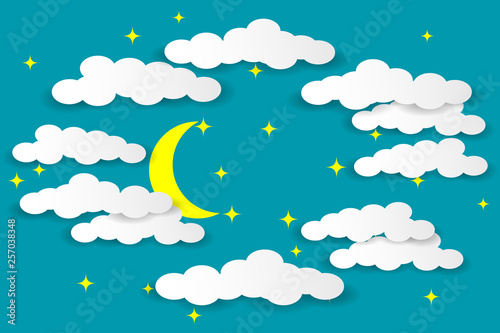 Multilayered night sky. White clouds, moon and stars on a blue background. Paper cut style