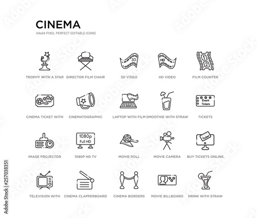 set of 20 line icons such as movie roll, 1080p hd tv, image projector, smoothie with straw, laptop with film strip, cinematographic announcer, cinema ticket with a star, hd video, 3d video, director