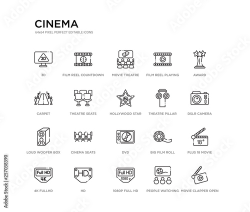 set of 20 line icons such as dvd, cinema seats, loud woofer box, theatre pillar, hollywood star, theatre seats, carpet, film reel playing, movie theatre, film reel countdown number 2. cinema outline