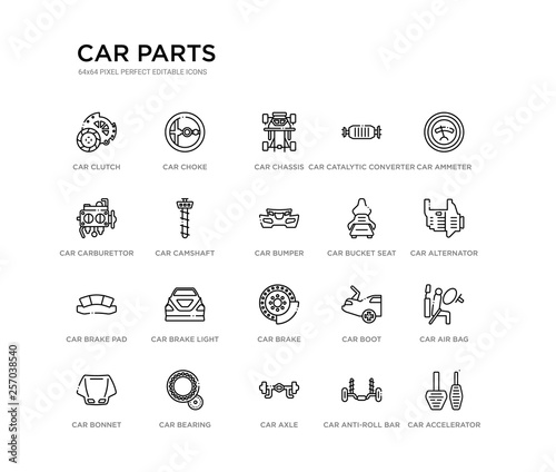 set of 20 line icons such as car brake, car brake light, car brake pad, bucket seat, bumper, camshaft, carburettor, catalytic converter, chassis, choke. parts outline thin icons collection. editable