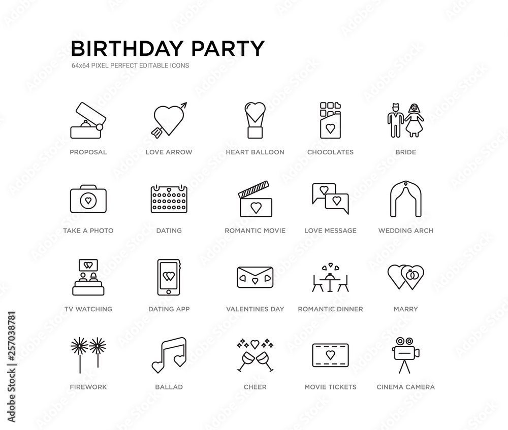 set of 20 line icons such as valentines day, dating app, tv watching, love message, romantic movie, dating, take a photo, chocolates, heart balloon, love arrow. birthday party outline thin icons set of 20 line icons such as valentines day, dating app, tv watching, love message, romantic movie, dating, take a photo, chocolates, heart balloon, love arrow. birthday party outline thin icons