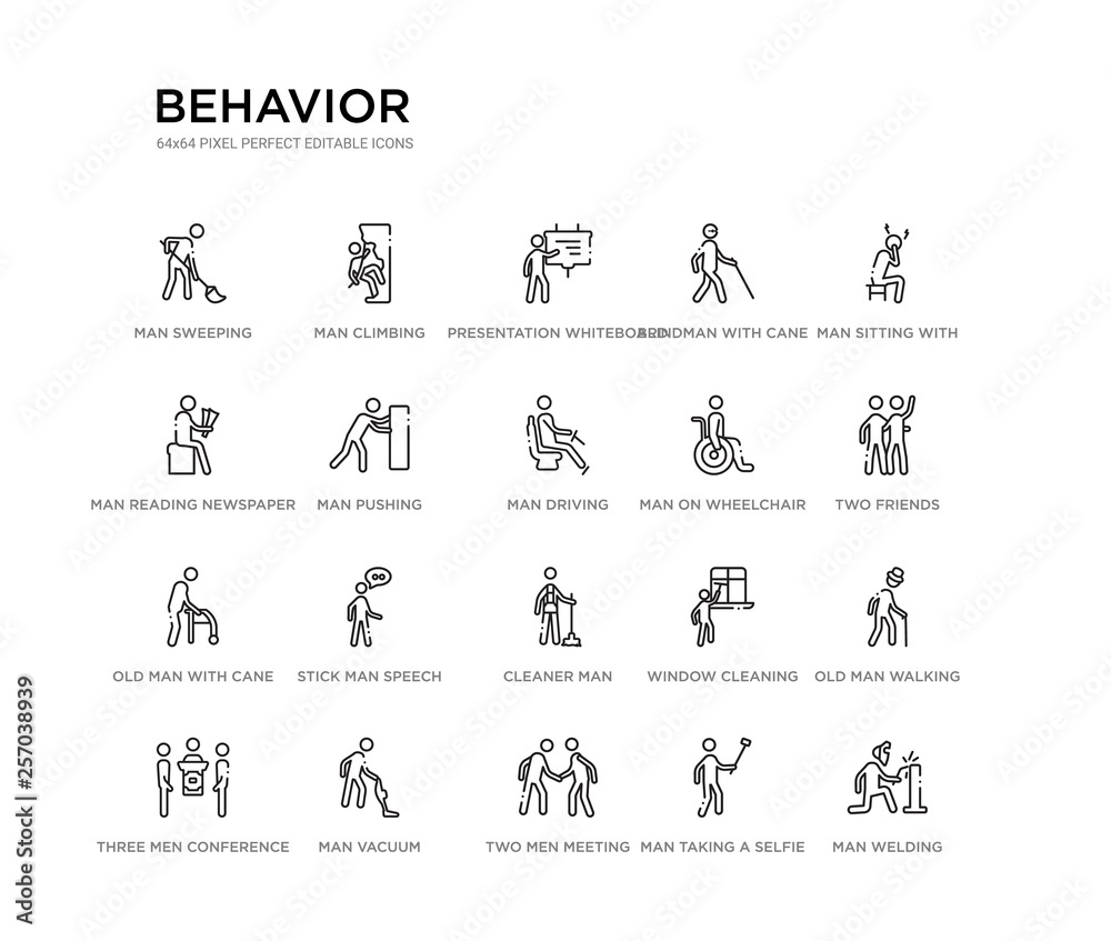 set of 20 line icons such as cleaner man, stick man speech, old man with cane, on wheelchair, driving, pushing, reading newspaper, blindman with cane, presentation whiteboard, climbing. behavior