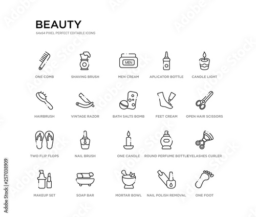 set of 20 line icons such as one candle, nail brush, two flip flops, feet cream, bath salts bomb, vintage razor, hairbrush, aplicator bottle, men cream, shaving brush. beauty outline thin icons