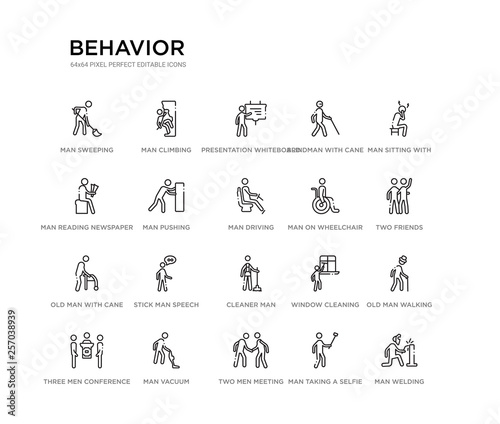 set of 20 line icons such as cleaner man, stick man speech, old man with cane, on wheelchair, driving, pushing, reading newspaper, blindman with cane, presentation whiteboard, climbing. behavior