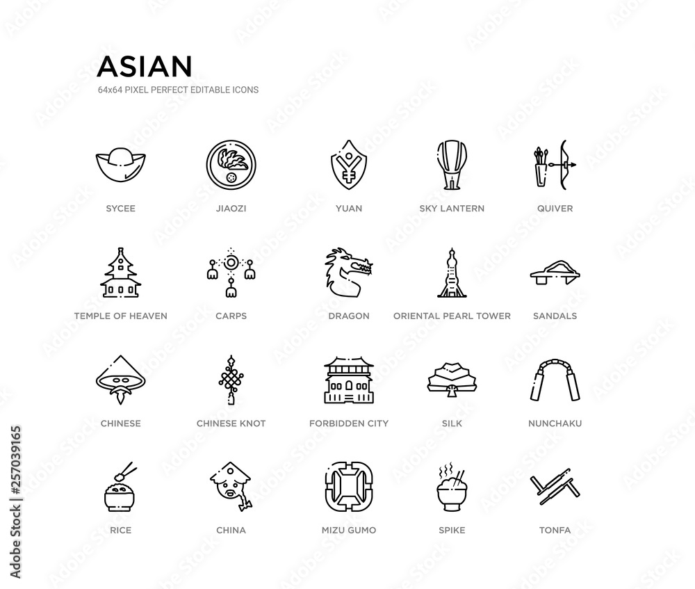 set of 20 line icons such as forbidden city, chinese knot, chinese, oriental pearl tower, dragon, carps, temple of heaven, sky lantern, yuan, jiaozi. asian outline thin icons collection. editable