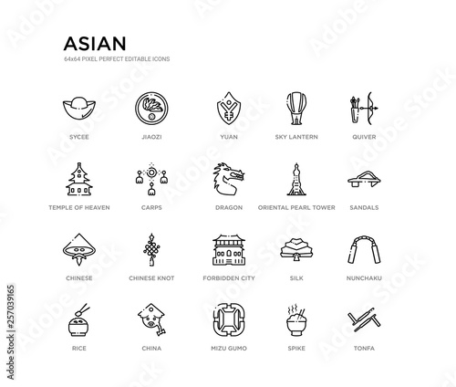 set of 20 line icons such as forbidden city, chinese knot, chinese, oriental pearl tower, dragon, carps, temple of heaven, sky lantern, yuan, jiaozi. asian outline thin icons collection. editable © Meth Mehr