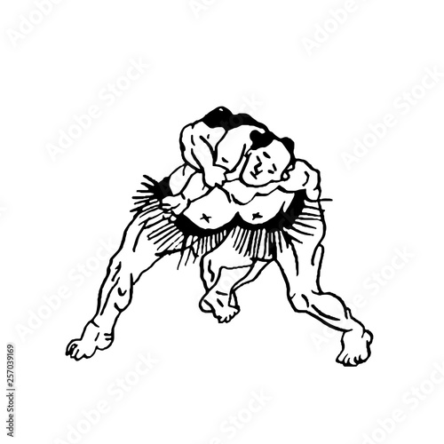 Hand drawn illustration of sumo man wrestlers fight on white background