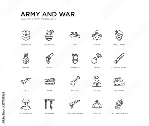 set of 20 line icons such as missile, tank, jet, bomb, dynamite, gun, medal, plane, ship, granade. army and war outline thin icons collection. editable 64x64 stroke