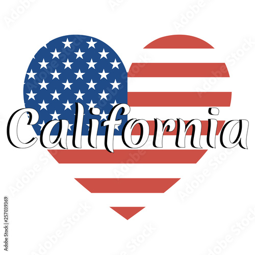 Heart shaped national flag of The United States of America with inscription of state name: California in modern style. Vector EPS10 illustration.